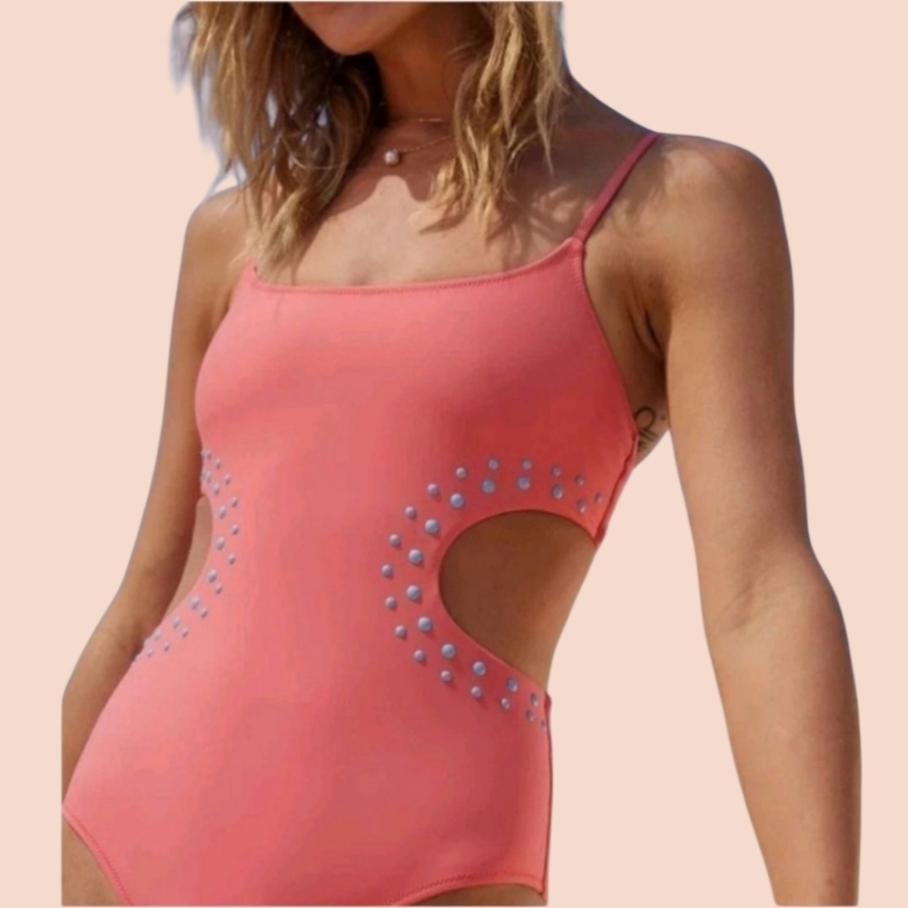 aerie Coral One-Piece Swimsuit with Cutout and Blue Studs. Size XL